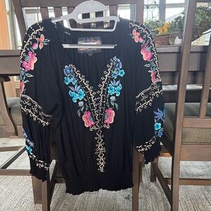 Elegant Black Blouse with Vibrant Floral Embroidery